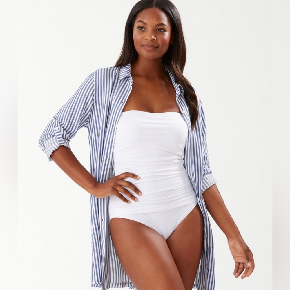 Tommy Bahama White Strapless Swimsuit with Blue-White Striped Coverup